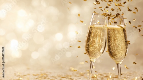 Champagne glasses with gold glitter on beige background.