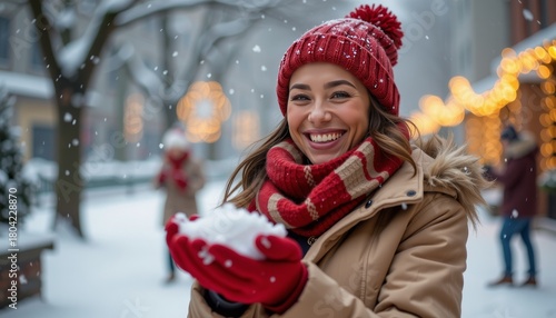 Smiling woman in red winter hat and gloves holds snow outdoors with city street lights bokeh