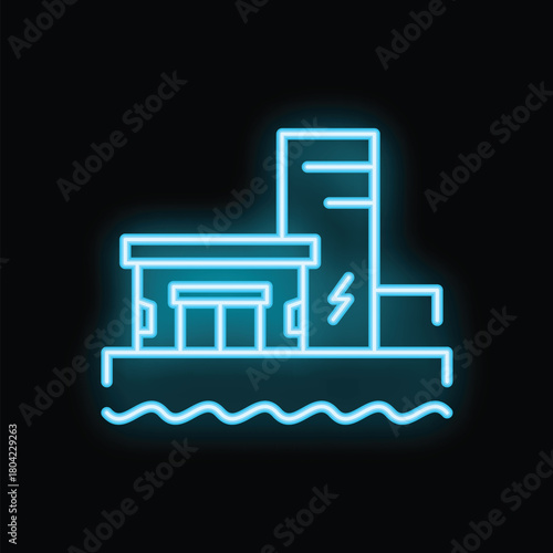 Neon blue icon of a hydroelectric power plant generating electricity from the water, a sustainable energy concept