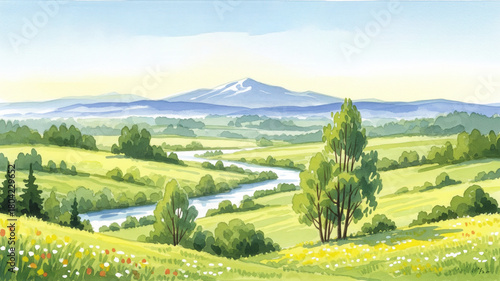 Wallpaper Mural Watercolor Painting of River Valley with Mountain Torontodigital.ca