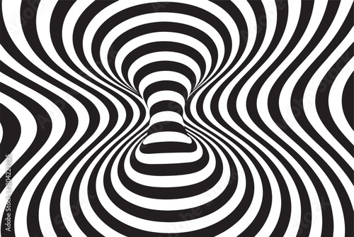 A high-contrast abstract image of black and white stripes swirling into a twisting tunnel, evoking depth, motion, and visual intrigue. Ideal for design projects needing modern, surreal1