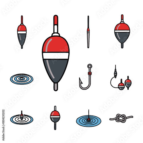 Fishing tackle and equipment icon set with floats and hooks.