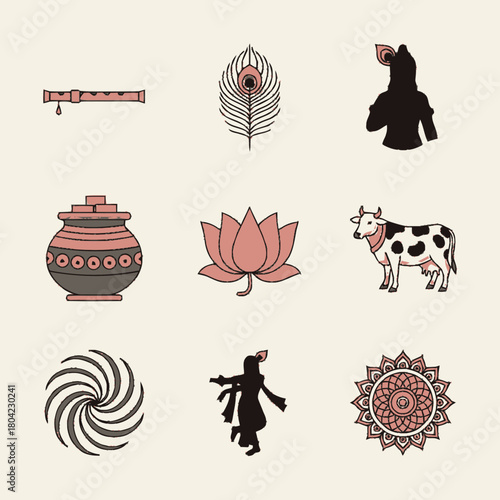 Lord Krishna religious symbols and icons collection vector illustration.