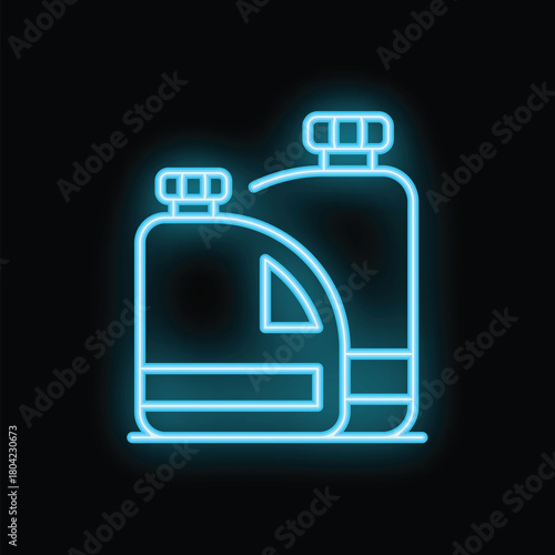 Glowing neon icon of two plastic bottles with chemical liquid is shining on a black background
