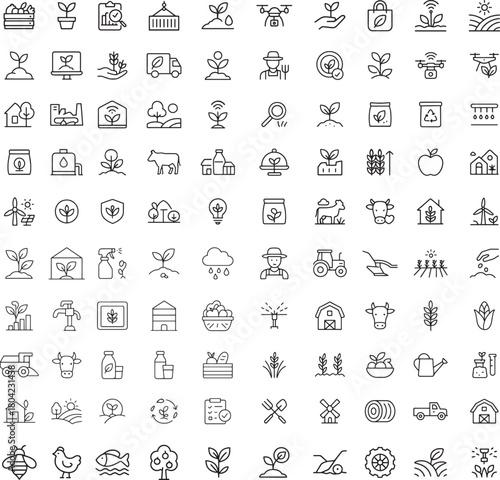 Set of farming and agriculture thin line icons including harvest, cultivation, irrigation, farmer and ranch