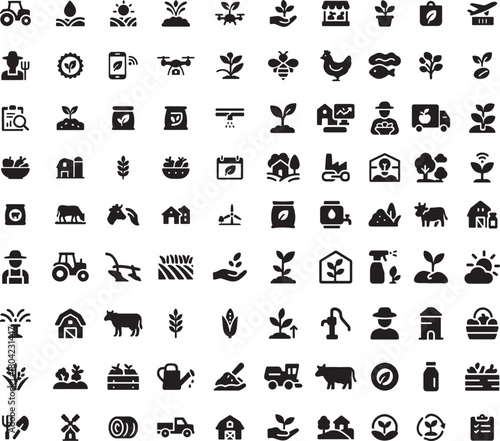 Set of farming and agriculture glyph icons including harvest, cultivation, irrigation, farmer and ranch