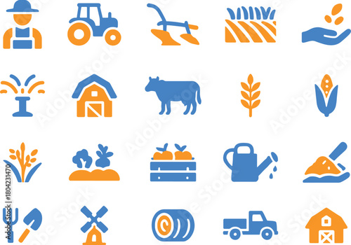 Collection of farming and agriculture solid icons including harvest, cultivation, irrigation, farmer and ranch