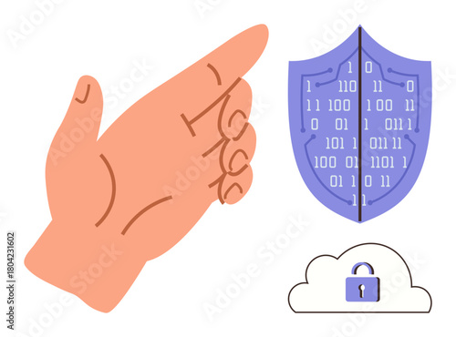 Hand gesture next to binary code shield and cloud with a lock, highlighting data protection, cybersecurity, privacy, cloud storage security, encryption, network safety. Ideal for IT, digital