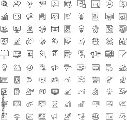Marketing and advertising line icons set with various elements for digital campaigns and strategy
