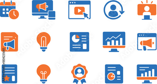 Marketing and advertising icon set with calendar, desktop, mobile, video, and user profiles