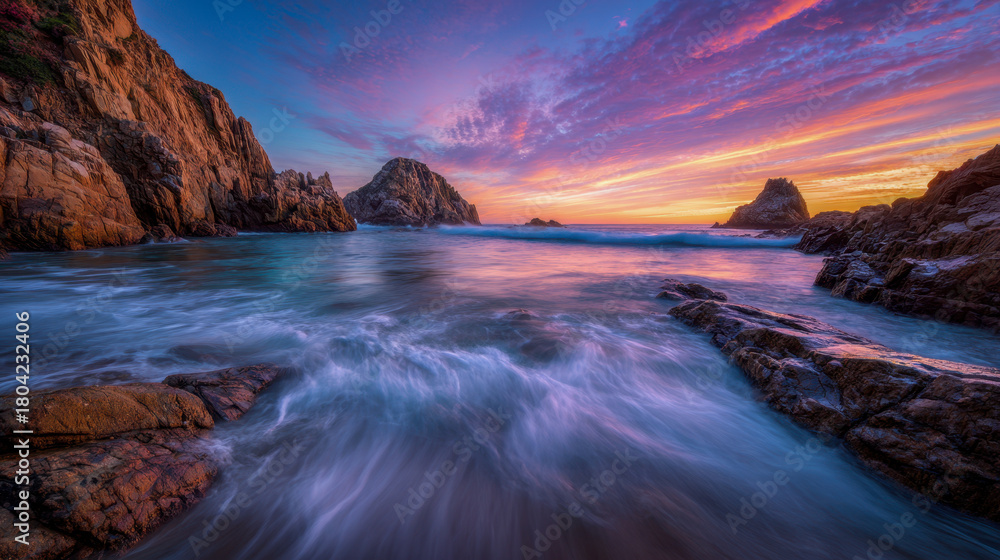 Naklejka premium Stunning view of waves crashing against rocky cliffs with vibrant pink and orange sunset illuminating the sky over a tranquil coastal seascape at dusk