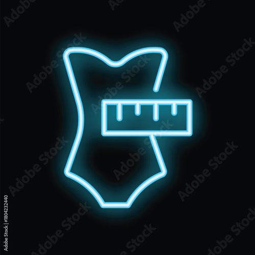Blue neon icon of a swimsuit with measuring tape symbolizing weight loss progress