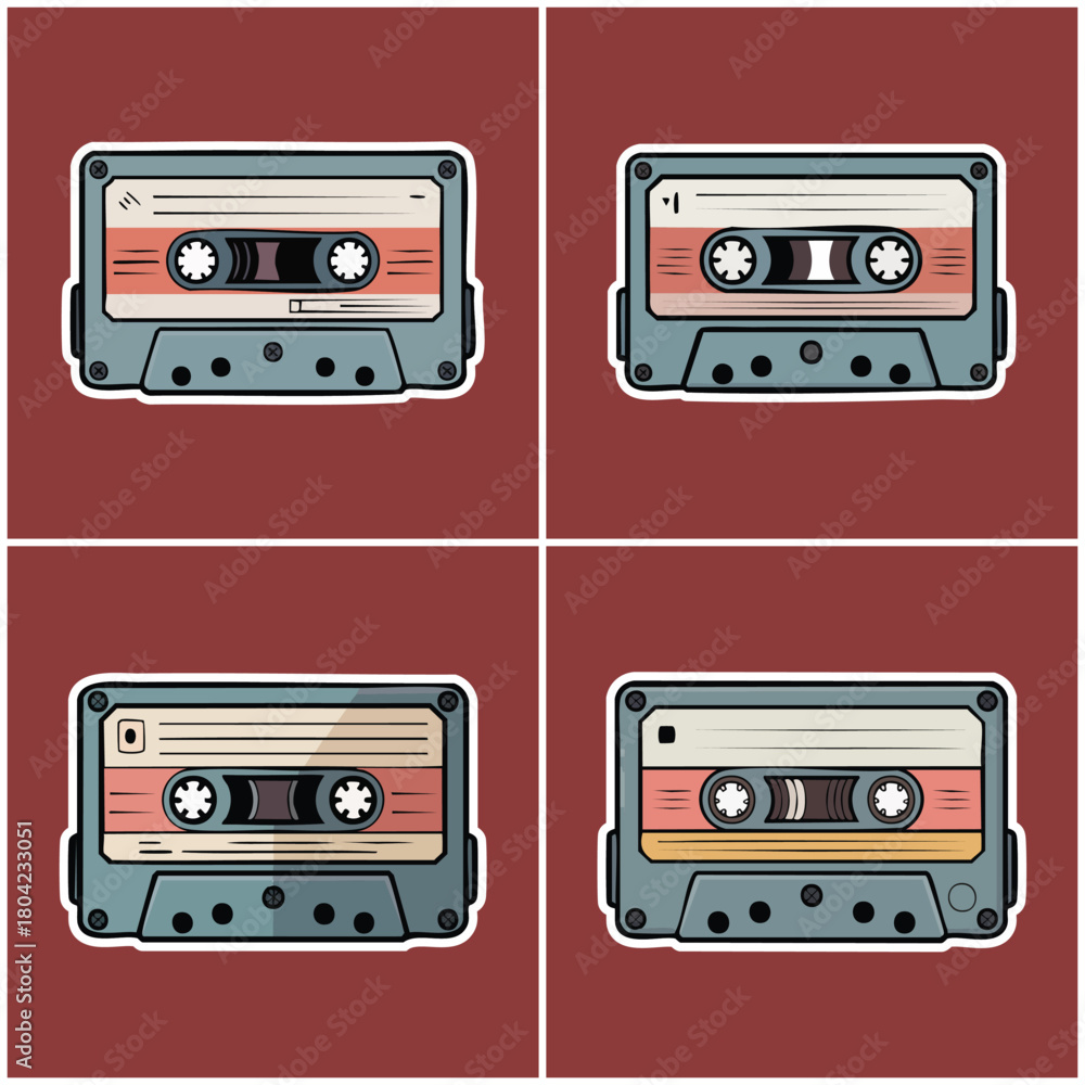 Fototapeta premium Retro cassette tapes collection with maroon background Indie Music Culture