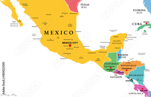 Mesoamerica, multi colored political map. Historical region and cultural area in southern North America and Central America, from Mexico to Costa Rica, where pre Columbian societies flourished. Vector