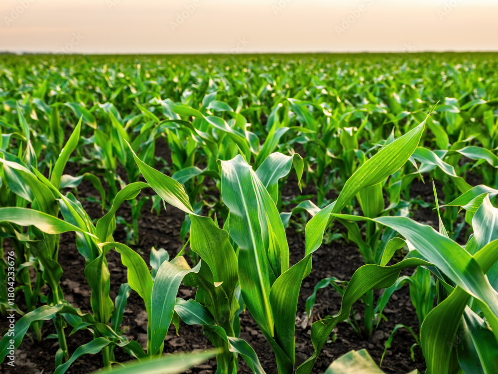 Obraz premium Lush green cornfield developing under clear sky