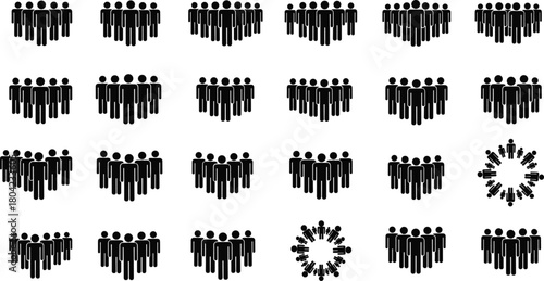 Big set of people icons, group and crowd symbols, black pictograms showing teamwork, community, leadership, and social gathering, vector collection.