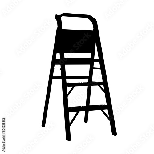 A high-contrast black silhouette of a step ladder with three wide steps, set in the middle of a pristine white field, devoid of any shadows or textures, emphasizing its modern and minimalistic design,