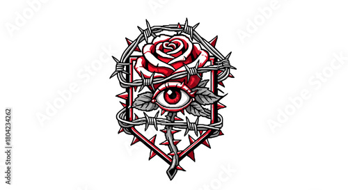 Gothic Pixel Art Crest with Rose and Barbed Wire Vector Emblem