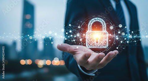 Cybersecurity Protection Digital Padlock in Hand for Secure Data Network