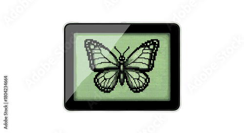Retro Handheld Game Console Screen with Pixel Art Butterfly Vector