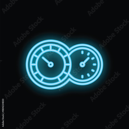 Blue neon sign showing two clocks interlocked, symbolizing the concept of time management