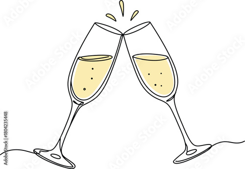 Celebration champagne toast with clinking glasses in minimalist line art