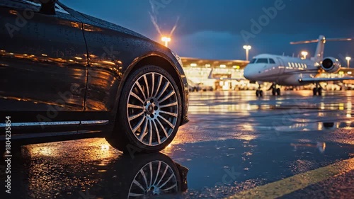 Luxury car parked on a wet tarmac with a private jet in the background at dusk showcasing wealth and exclusive travel for high net worth individuals and premium transportation services