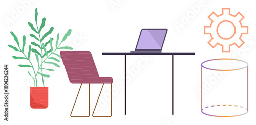 Laptop on desk, modern chair, potted plant, gear, and cylinder visual. Ideal for workspace design, remote work, productivity technology organization minimalism development. Simple flat metaphor