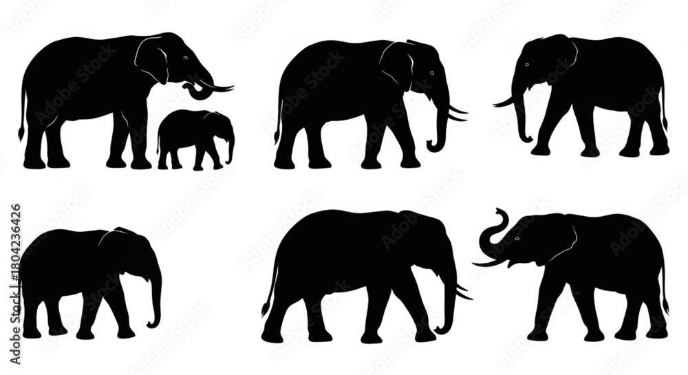 Naklejka premium Black Silhouette Vector of Elephants in Different Poses and Sizes, Standing, Walking, and Feeding, Baby and Adult Forms, Clean Minimal Outlines, Isolated on White Background, Wildlife Vector