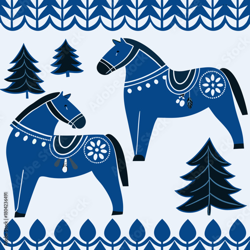 Celtic-inspired pattern featuring decorative horses and trees on a light background