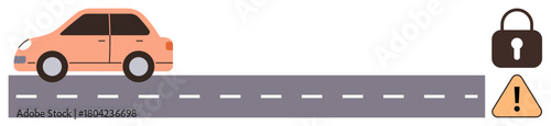 Car traveling on a gray road next to a lock and warning triangle. Ideal for safety, security, driving awareness, risk management, accident prevention, technology concepts, simple flat metaphor