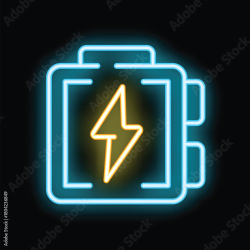 Glowing neon line electric car battery icon isolated on black background, vector illustration