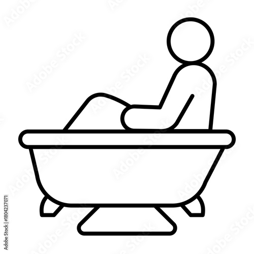 Human in bathtub thin line icon, spa salon concept. Vector graphics. Bathroom with towel and mat, bath time sign on white background, style icon mobile or web design.