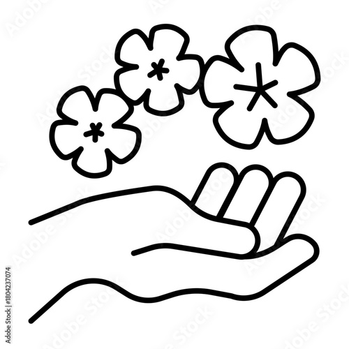 Hand with flowers thin line icon, spa massage concept. Vector graphics. Aroma oil therapy for hands, floral sign on white background, style icon mobile or web design.