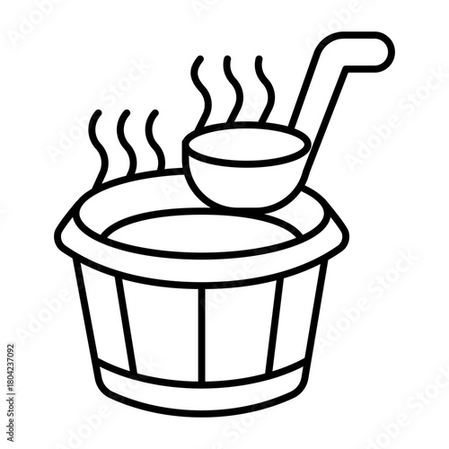 Wooden bucket with water and ladle thin line icon, spa massage concept. Vector graphics. Bucket of hot water, bath time sign on white background, style icon mobile or web design.