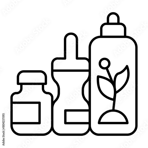 Cosmetics bundle thin line icon, spa massage concept. Vector graphics. Cream, lotion and flower shampoo with aroma oil, bath sign on white background, style icon mobile or web design.