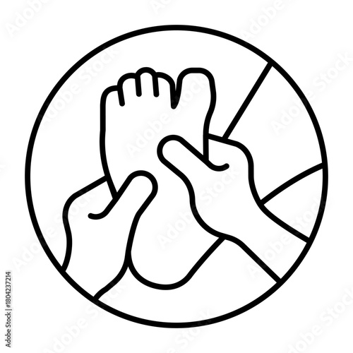 Leg and masseur hands thin line icon, spa massage concept. Vector graphics. Massaging art for human foot, therapy sign on white background, style icon mobile or web design.