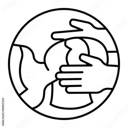 Woman head hair with eyes mask and masseur hands thin line icon, spa massage concept. Vector graphics. Massaging client head sign on white background, style icon mobile or web design.