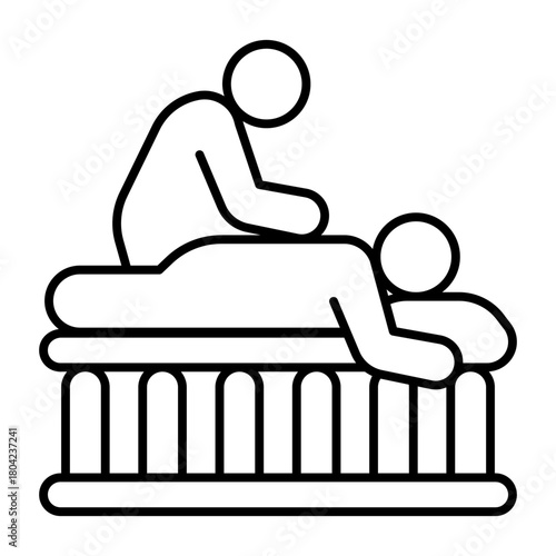 Masseur with man on wooden bed thin line icon, spa massage concept. Vector graphics. Massaging art for client back, therapy sign on white background, style icon mobile or web design.