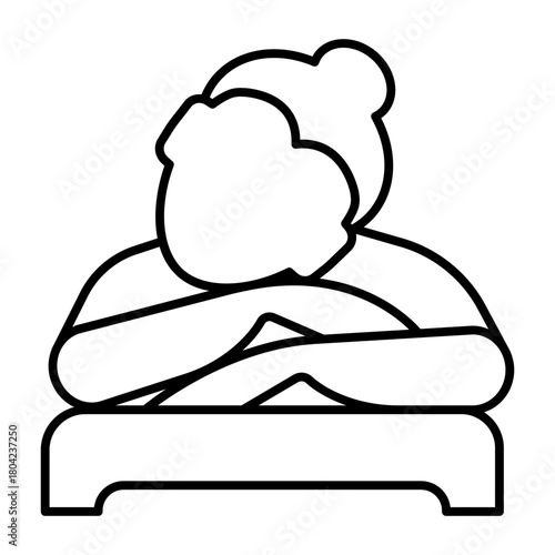 Masseur woman on therapy bed thin line icon, spa salon concept. Vector graphics. Girl waiting for massage therapy sign on white background, style icon mobile or web design.