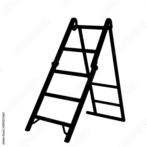 A simple black vector-like depiction of a folding ladder, shown from a slightly angled viewpoint with clean lines and minimalism, the image is stark, modern, and devoid of any gradients or interior de