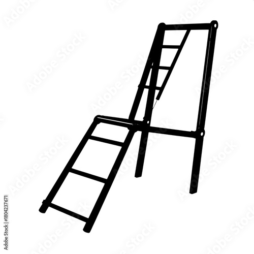 A simple black vector-like depiction of a folding ladder, shown from a slightly angled viewpoint with clean lines and minimalism, the image is stark, modern, and devoid of any gradients or interior de