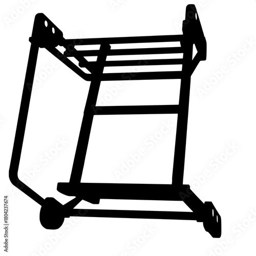 A simple black vector-like depiction of a folding ladder, shown from a slightly angled viewpoint with clean lines and minimalism, the image is stark, modern, and devoid of any gradients or interior de