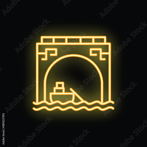 Neon sign of a cargo ship carrying containers passing under a bridge on black background