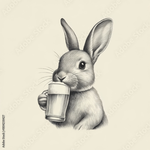 Rabbit drinking beer, humorous sketch, Easter celebration, on a beige background.