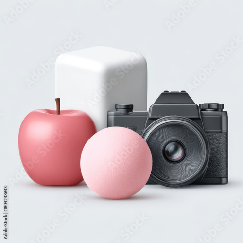 Camera, apple, and spheres, abstract 3D render, photography and healthy lifestyle, on a white background with copy space.