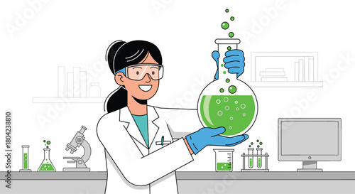Cheerful scientist analyzing green solution in flask in a modern lab, perfect for science education & research campaigns, innovation & discovery