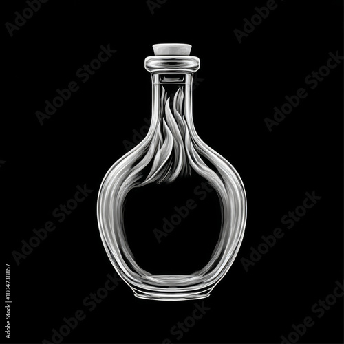 Empty glass bottle, elegant and artistic, with abstract internal design, on a black background.
