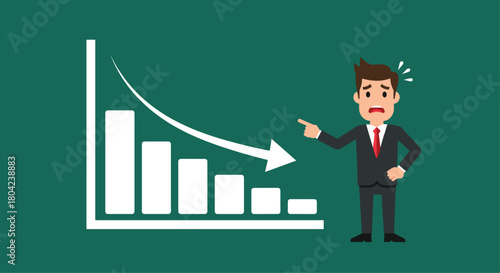 Worried businessman pointing at a downward trending graph showing company losses and financial crisis, a moment of business uncertainty