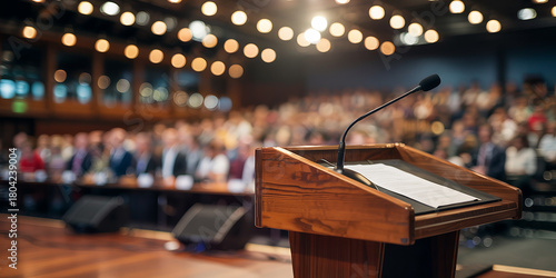 Microphone at the speech podium on blurred conference hall or seminar room background. High quality.conference, lecture, microphone, presentation, seminar, speaker, stage, talk, corporate, 